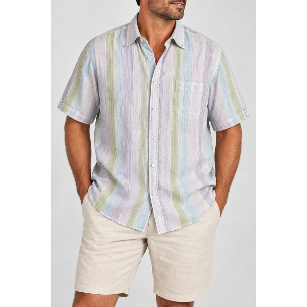 Cubavera Men’s XXL 100% Linen Shirt Pastel Stripe Short Sleeve Button Up